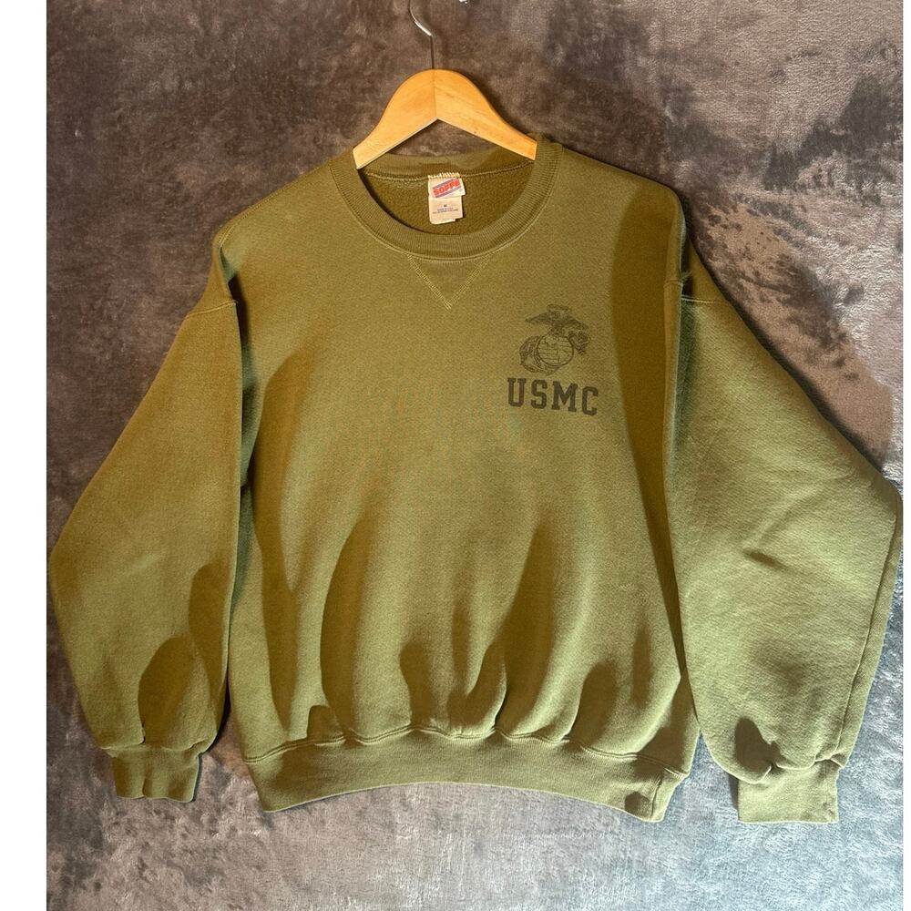 VTG 90s USMC Marine Corps PT Crewneck Sweatshirt Olive Green Soffe MED USA Made